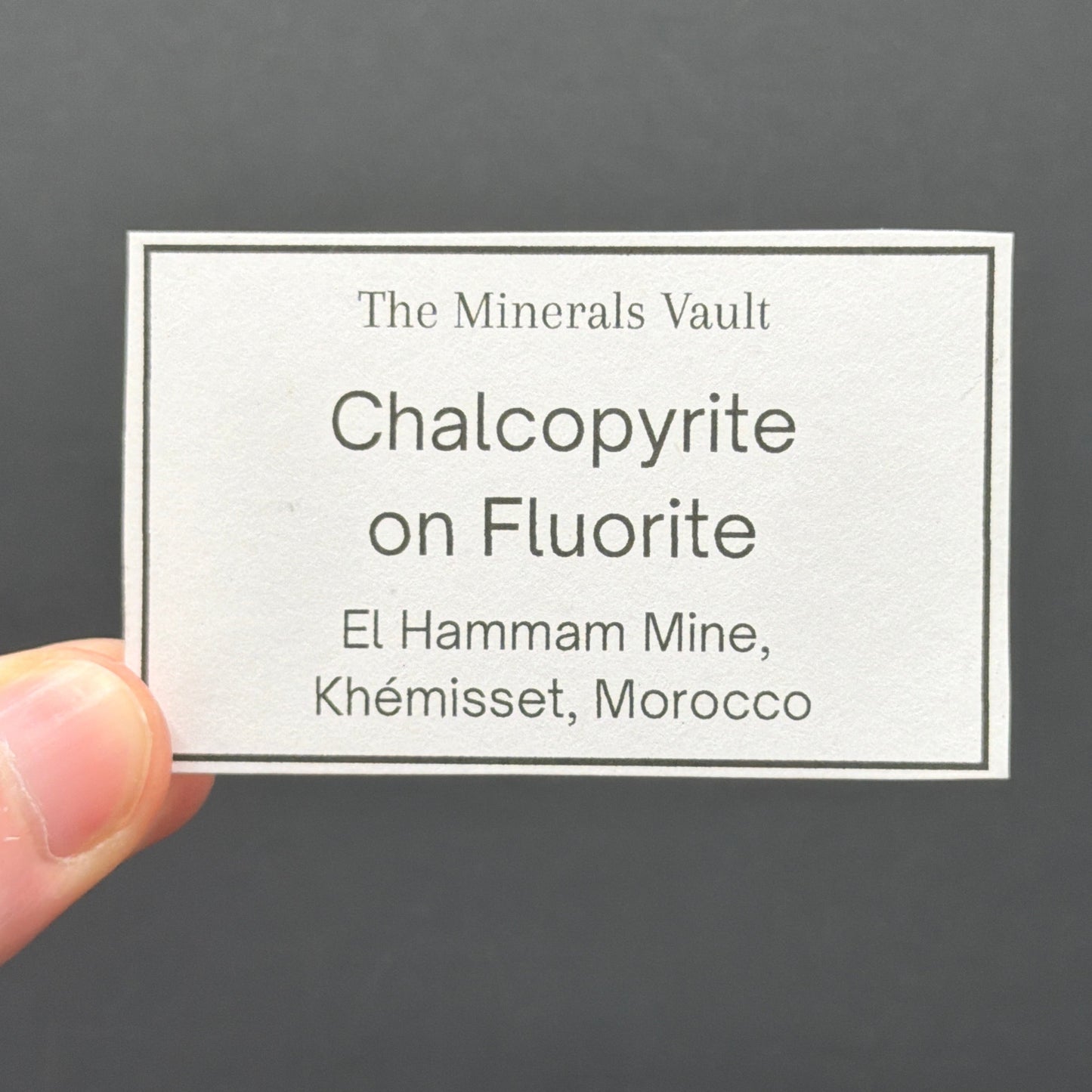 Hand holding a Mineral ID Card with text against a dark background